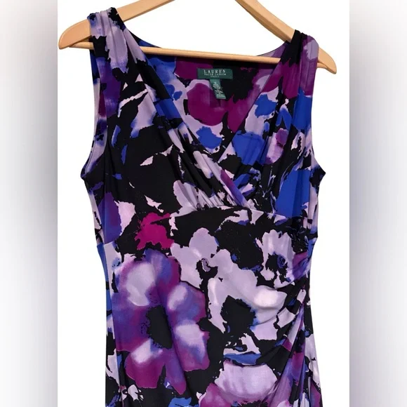 Lauren Ralph Lauren Floral Ruched Sheath Dress Purple Blue Surplice Neck Size 10 - Picture 4 of 9